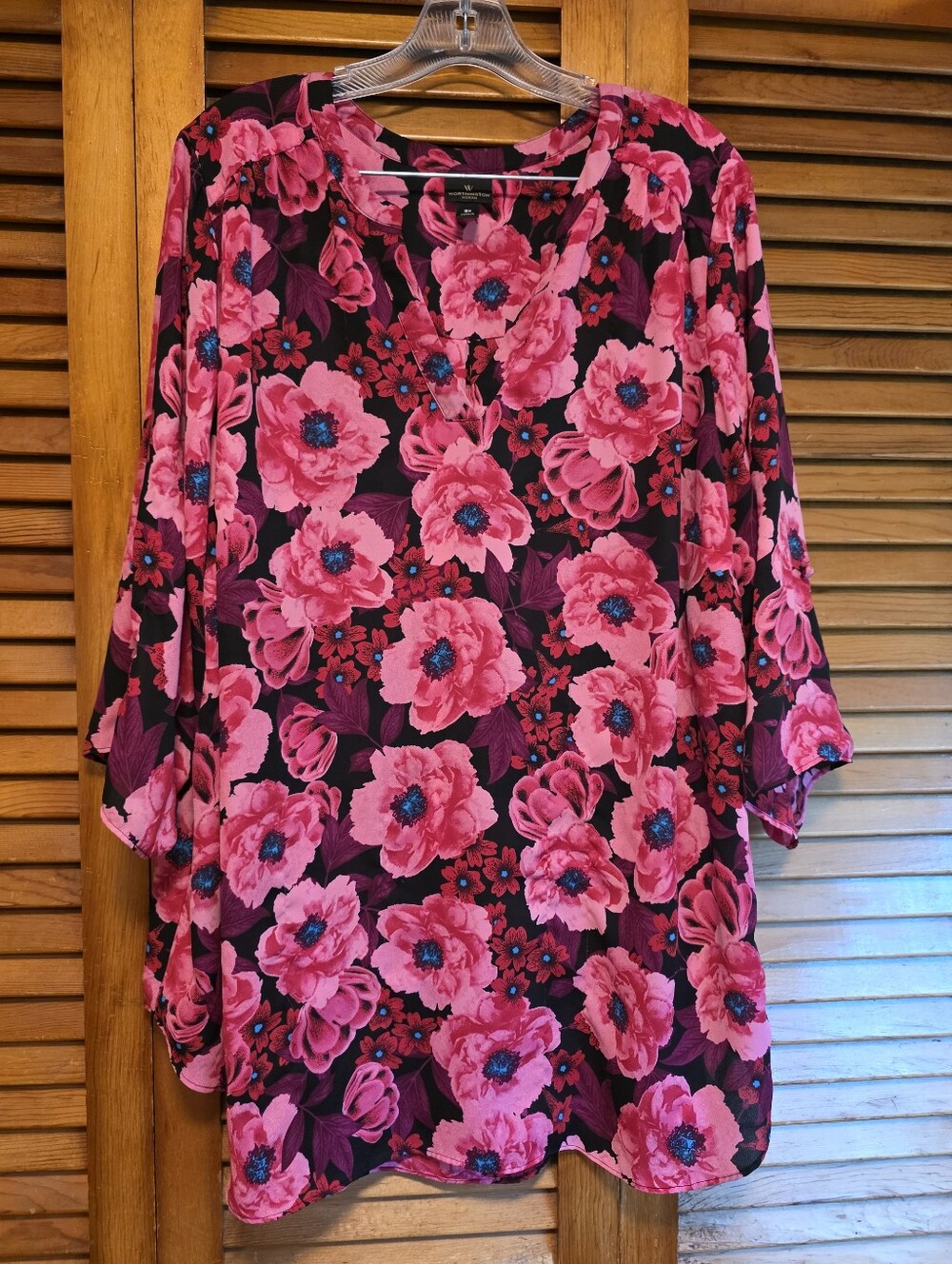 Worthington Pink Black Floral Roll Tab Sleeve Blouse 3X